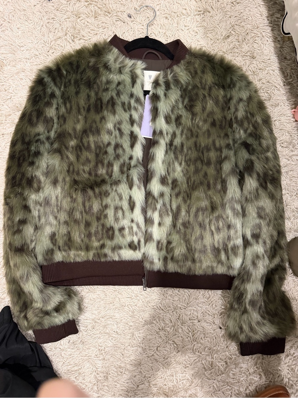 UNREAL FUR Olive Green Faux Fur Bomber Jacket